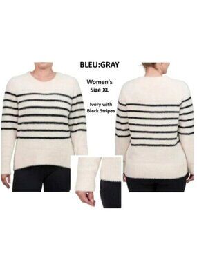 BLEU:GRAY Sweater Ivory & Black Women's Long Sleeve Eyelash Knit Crewneck Sz XL